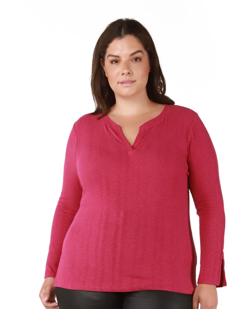 Front of a model wearing a size 0X Aria Spliced Neck Top in Raspberry Wine by DEX PLUS. | dia_product_style_image_id:239832